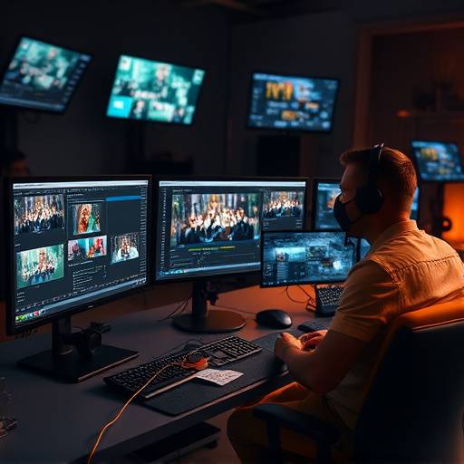 Behind the scenes image, a video editor working on a computer with multiple screens displaying video editing software