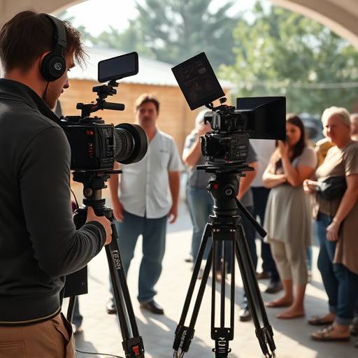 Behind the scenes image, showing a film crew setting up a shot with actors on set