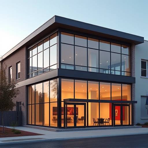 Exterior view of the Aurora Studios office building, a modern two-story building with large windows.